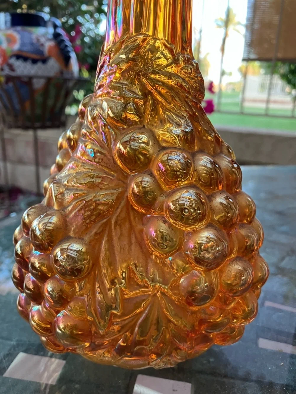 Vintage Imperial Grape Carnival Glass Vase Decanter Marigold